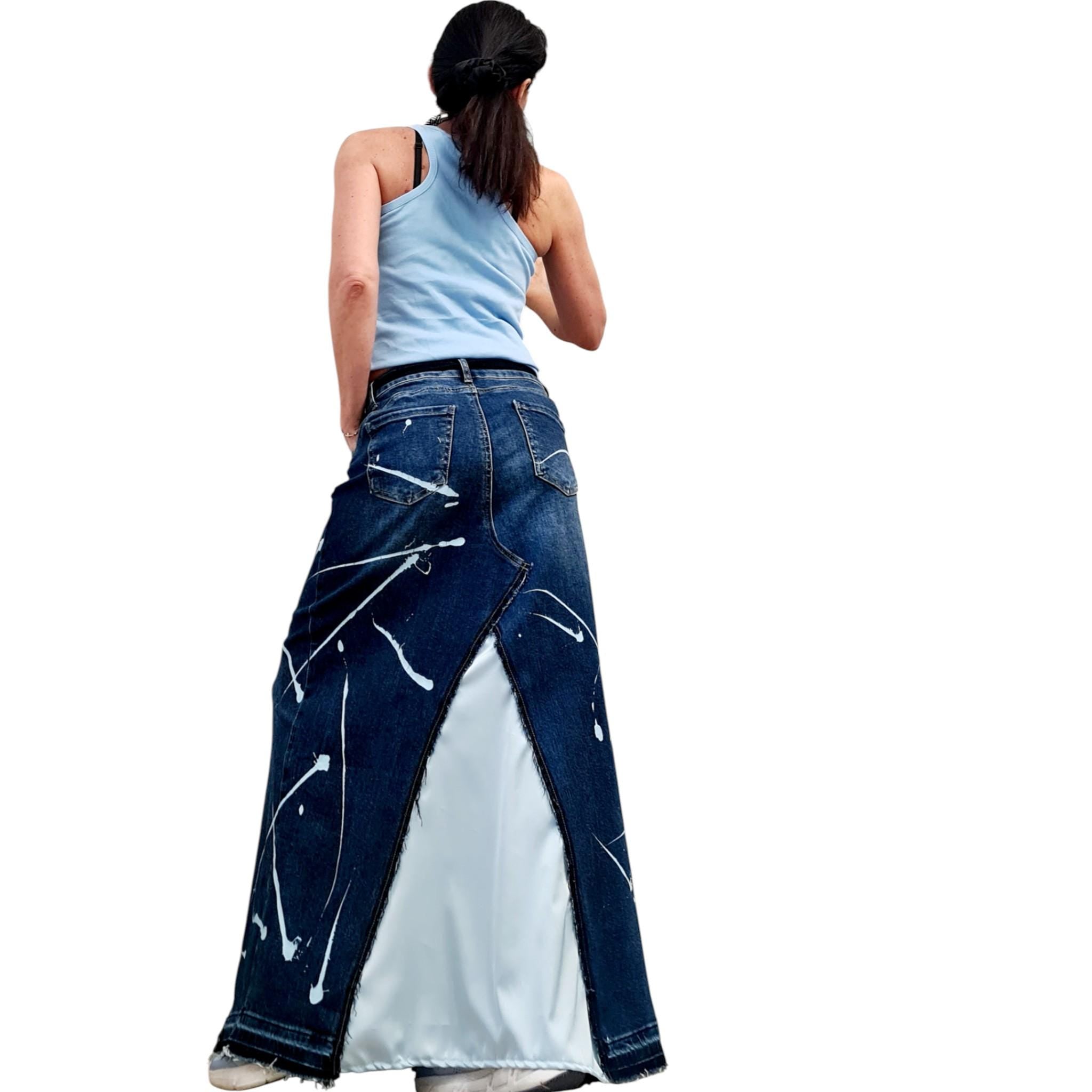Asymmetric Denim Skirt Maxi Length Blue Satin Panel High Waist Avant Garde Clothing