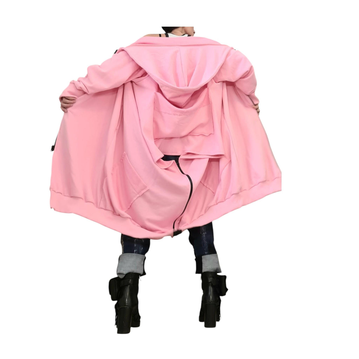 Pink Asymmetrical Hooded Sweatshirt, Cropped Back Cotton Jacket, Long Side Panels