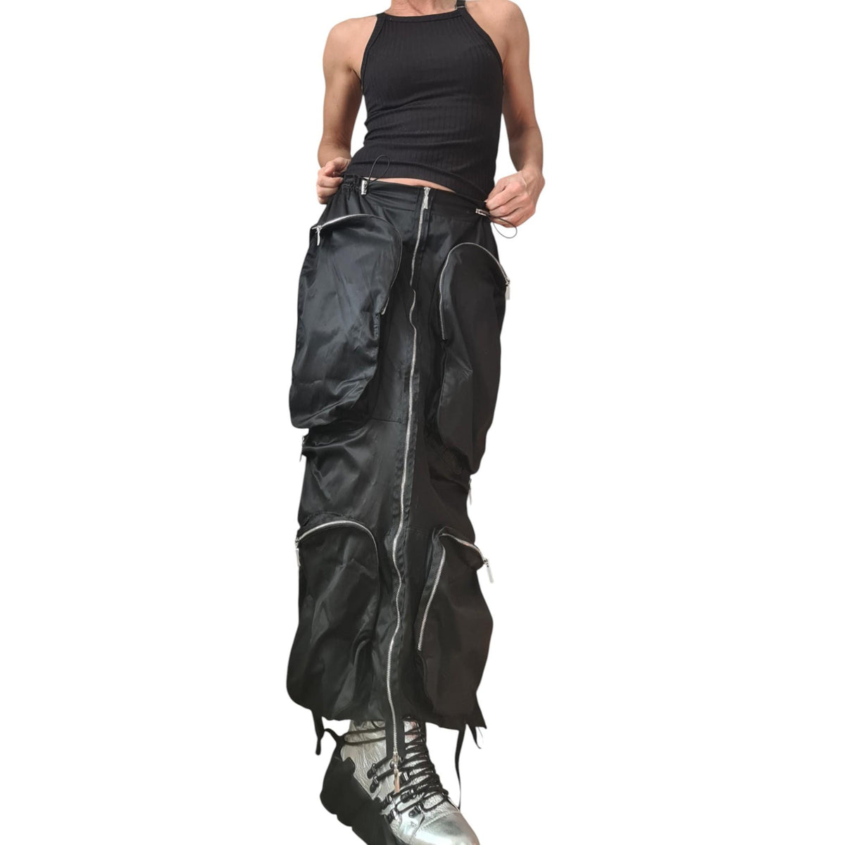 Black Cotton Satin Long Skirt | Deconstructed Cargo Pockets | Gothic Avant Garde Style