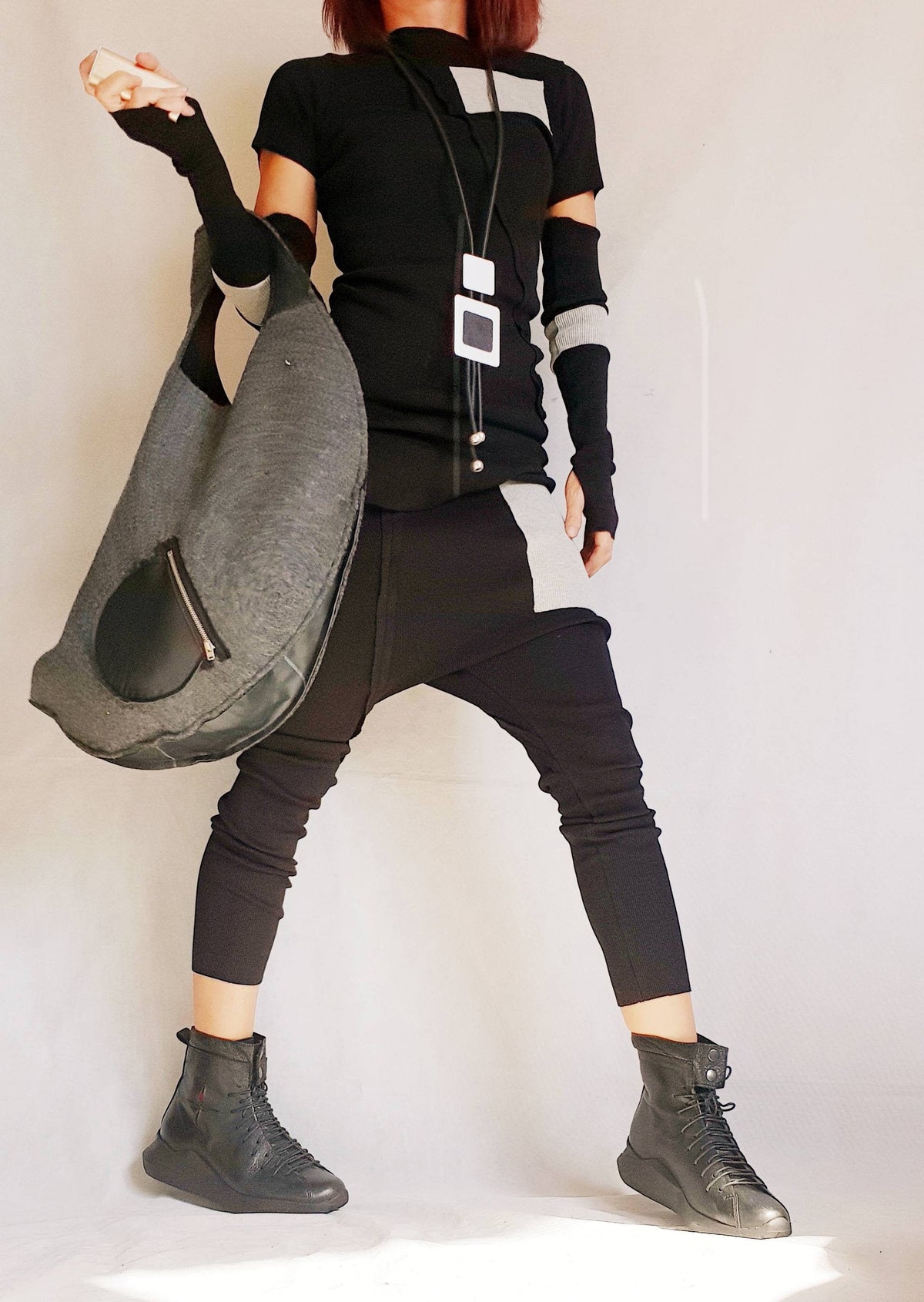 Black White Cotton Harem Pants, Asymmetrical Blouse, Detachable Sleeves with Thumb Holes, Co-Ord Set