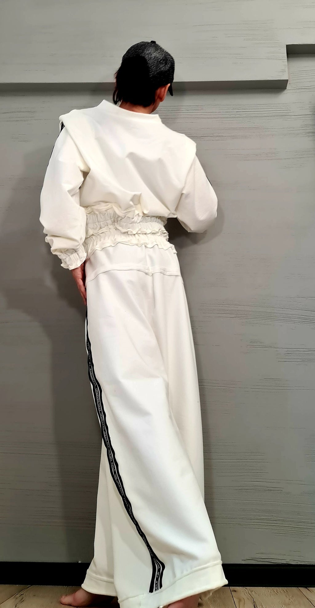Beige Cotton Wide Leg Pants Set, Ruched Cropped Blouse, Contrast Stripes