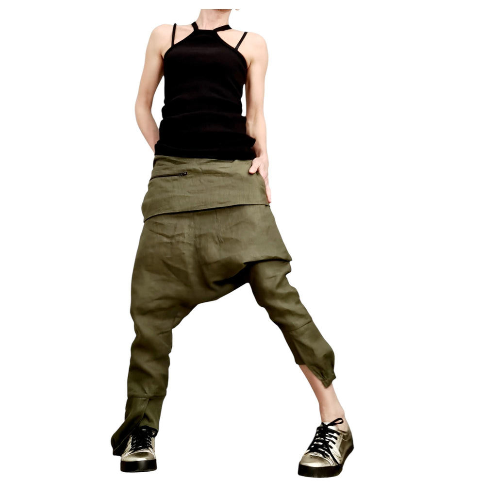 Military Green Linen Pants for Women, Drop Crotch Summer Trousers, Handmade Casual Urban Outfit