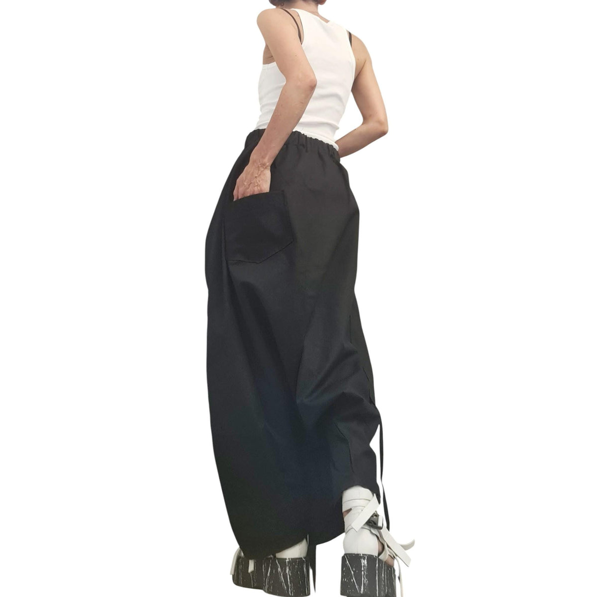 White Asymmetric Harem Pants Skirt, Adjustable Wrap, Drop Crotch Trousers