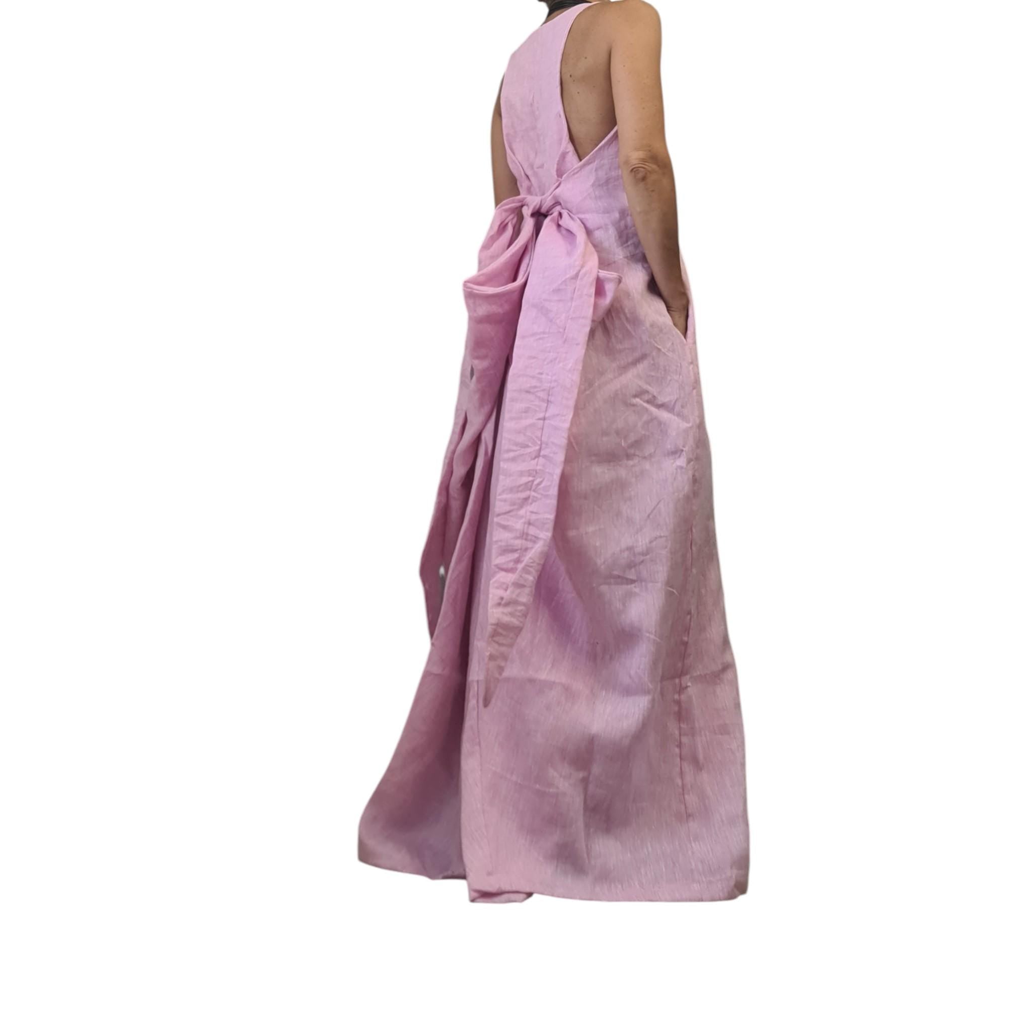 Pink Linen Avant-Garde Dress, Sculptural Long Summer Dress, Artistic Asymmetric Maxi Gown, Handmade Statement Clothing