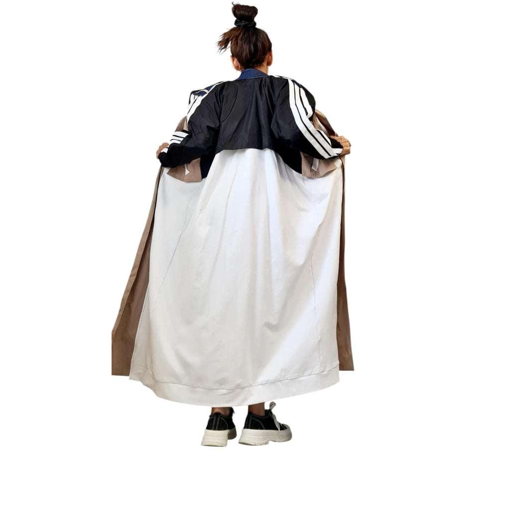 Beige Colour Block Trench Coat, Black and White Sleeves, Floor Length, Oversized Plus Size