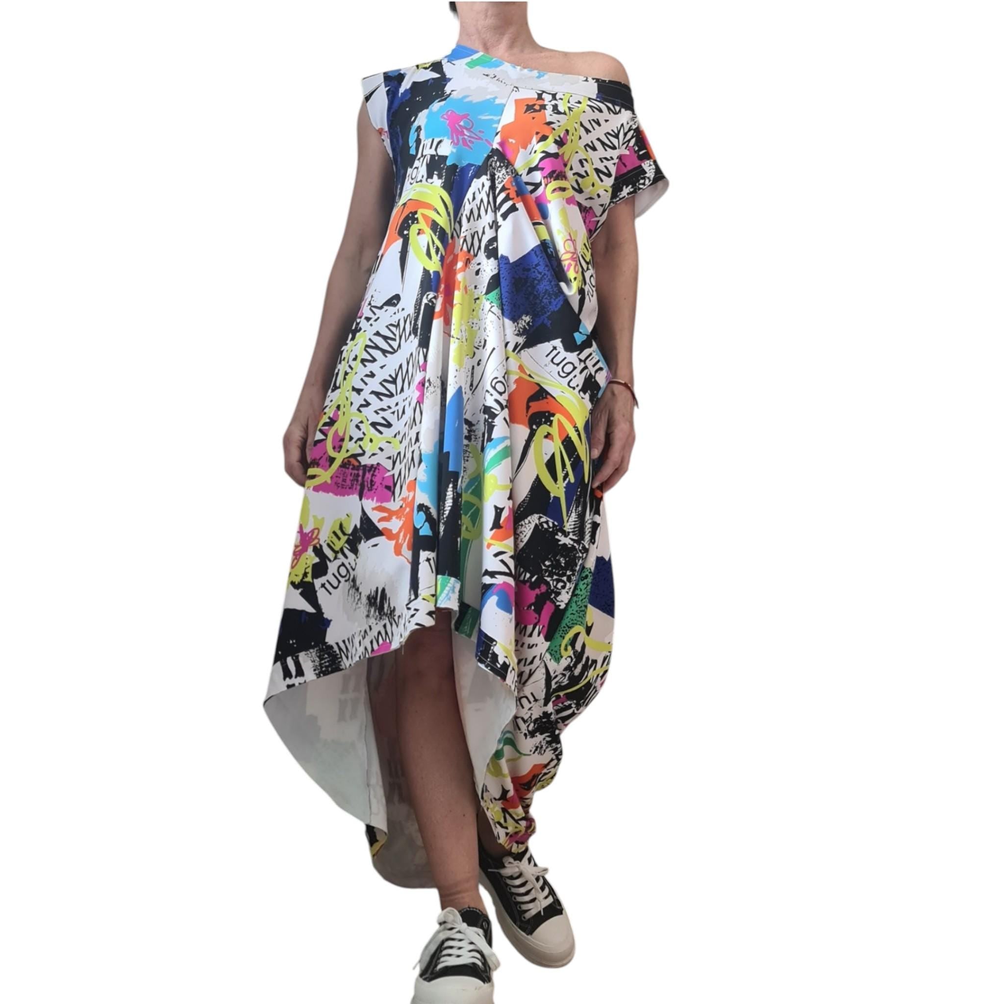 Avant Garde Graffiti Dress Women Asymmetric One Shoulder Oversized Pocket Cotton Dress