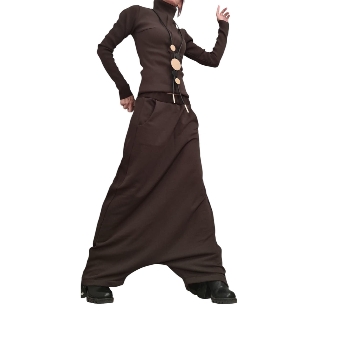 Brown Cotton Floor-Length Harem Pants, Extreme Drop Crotch, Fitted Turtleneck Long-Sleeve Top, Co-Ord Set