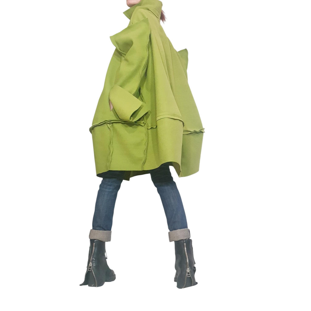Pistachio Green Oversized Wool Coat, Plus Size Asymmetric Jacket, Deconstructed Sleeves