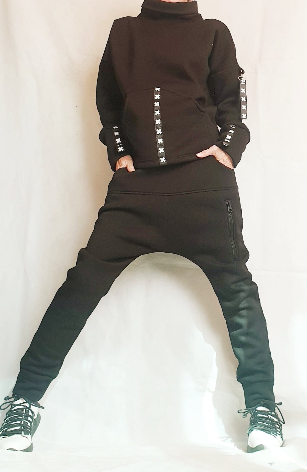 Black Cotton Tapered Drop Crotch Harem Pants, Open Back Blouse, Two Piece Co-Ord Set
