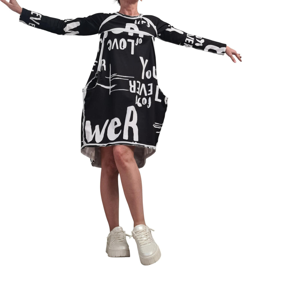 Asymmetric Graphic Dress, Long Sleeves, Knee Length Balloon Shape, Black White, Fashion for Women