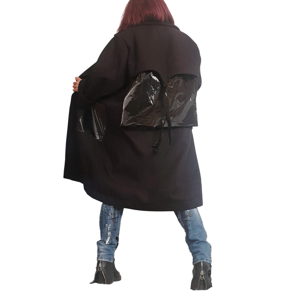 Black Oversized Wool Blend Robe Coat, Long Jacket, Patent Leather Back Cargo Pockets