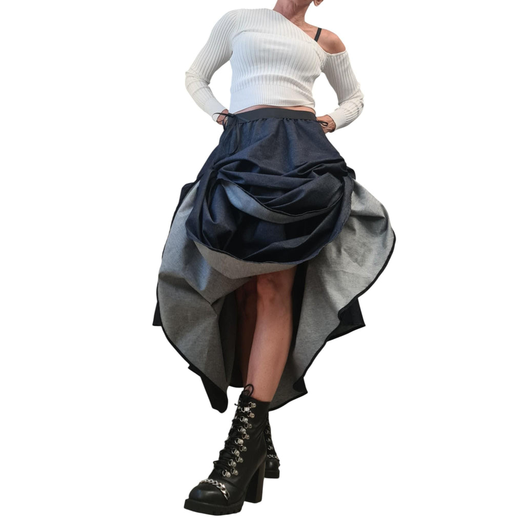 Blue Denim Skirt Women, Rave Outfit, Asymmetric Midi Skirt, Adjustable Hem, Burning Man Fashion