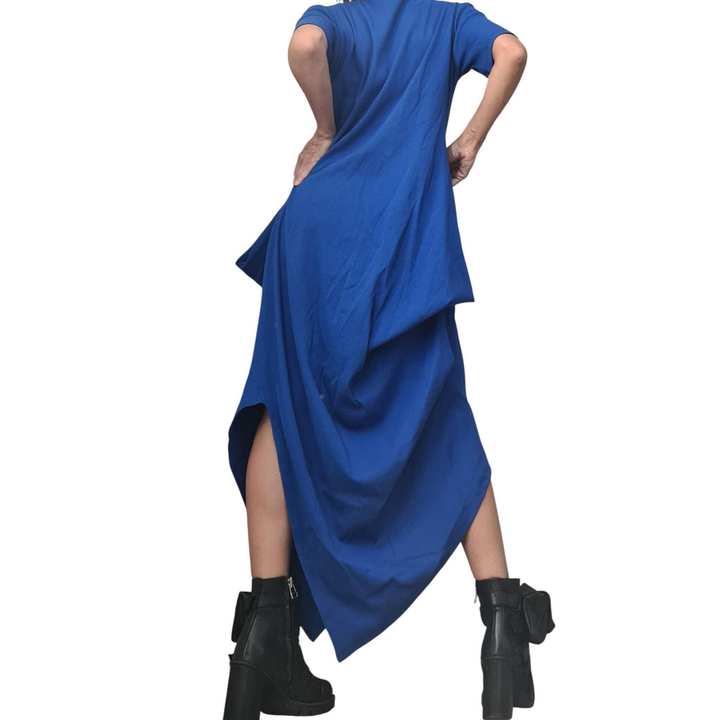 Royal Blue Cotton Rib Maxi Dress, Asymmetric Avant Garde Dress, Plus Size Kaftan