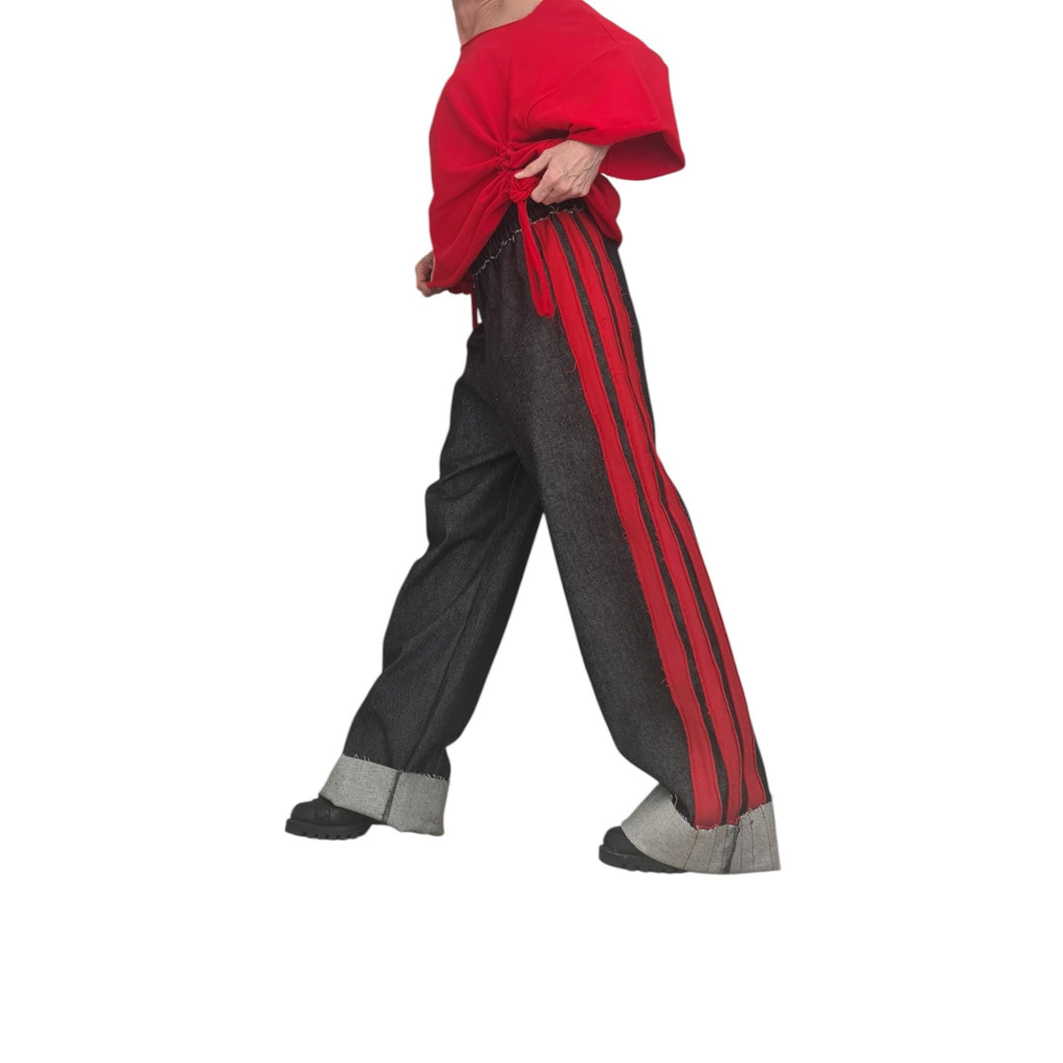 Red Ruched Cotton Blouse, Dark Denim Wide Leg Pants, Side Stripes, Cuffed Co-Ord Set