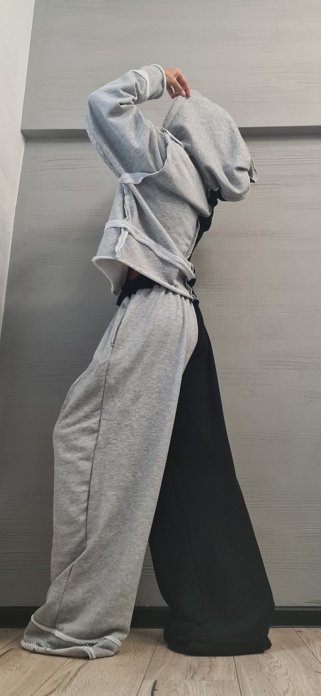 Two-Tone Cotton Women's Tracksuit Set, Loose Pants, Hooded Short Sweatshirt