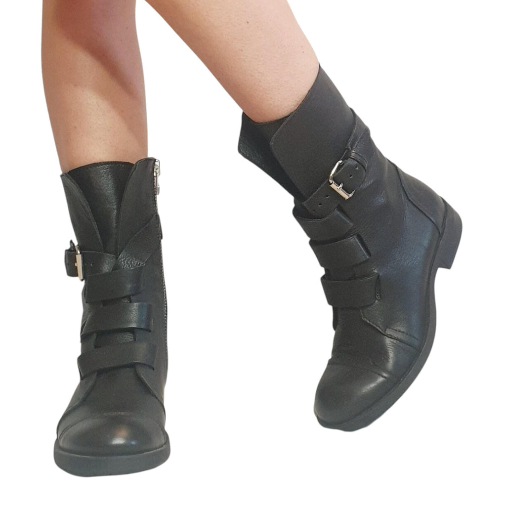 Black Leather Combat Boots, Gothic Grunge Ankle Booties, Steampunk Shoes