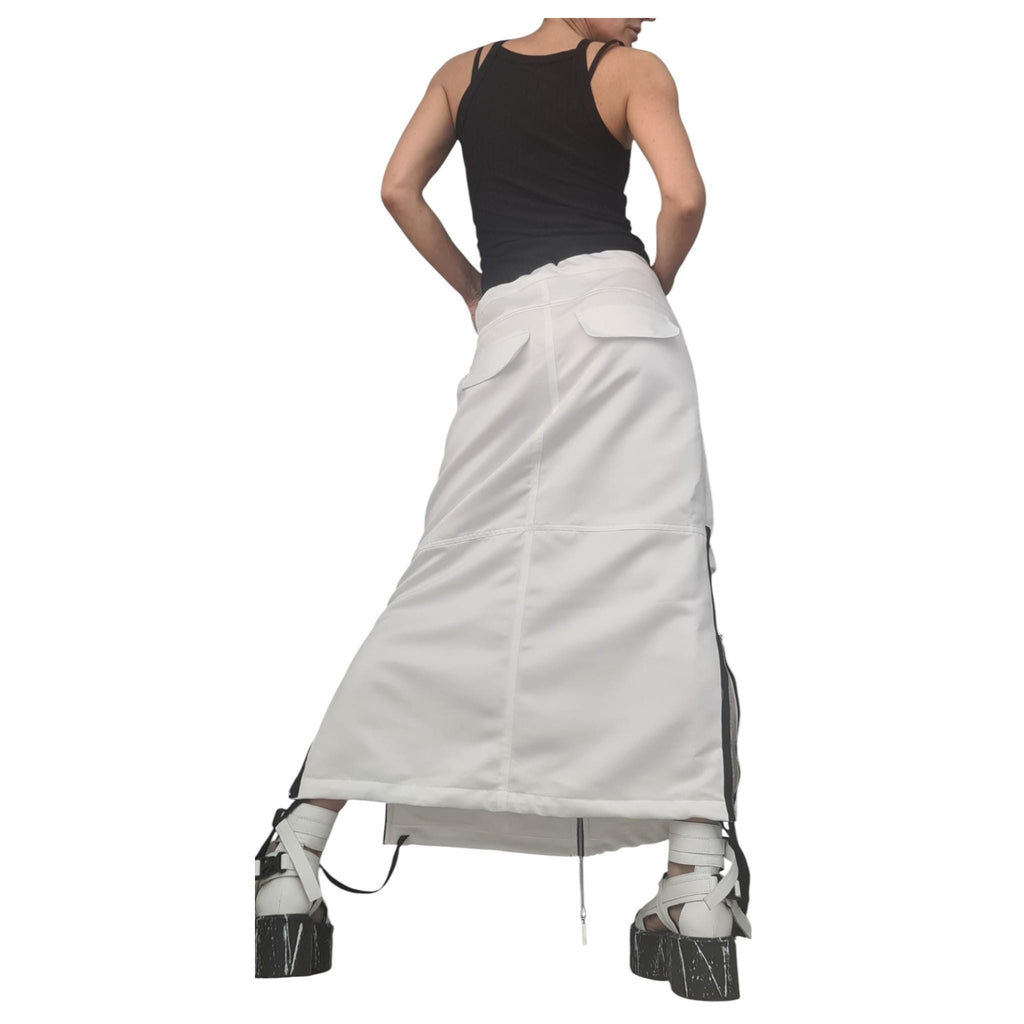 White Cotton Avant Garde Skirt, Deconstructed Maxi Skirt with Pockets