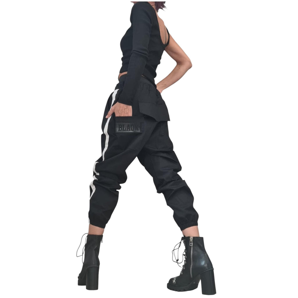Beige Cargo Jogger Pants, Drop Crotch Trousers, Black Side Stripes, Elastic Waist, Multiple Pockets