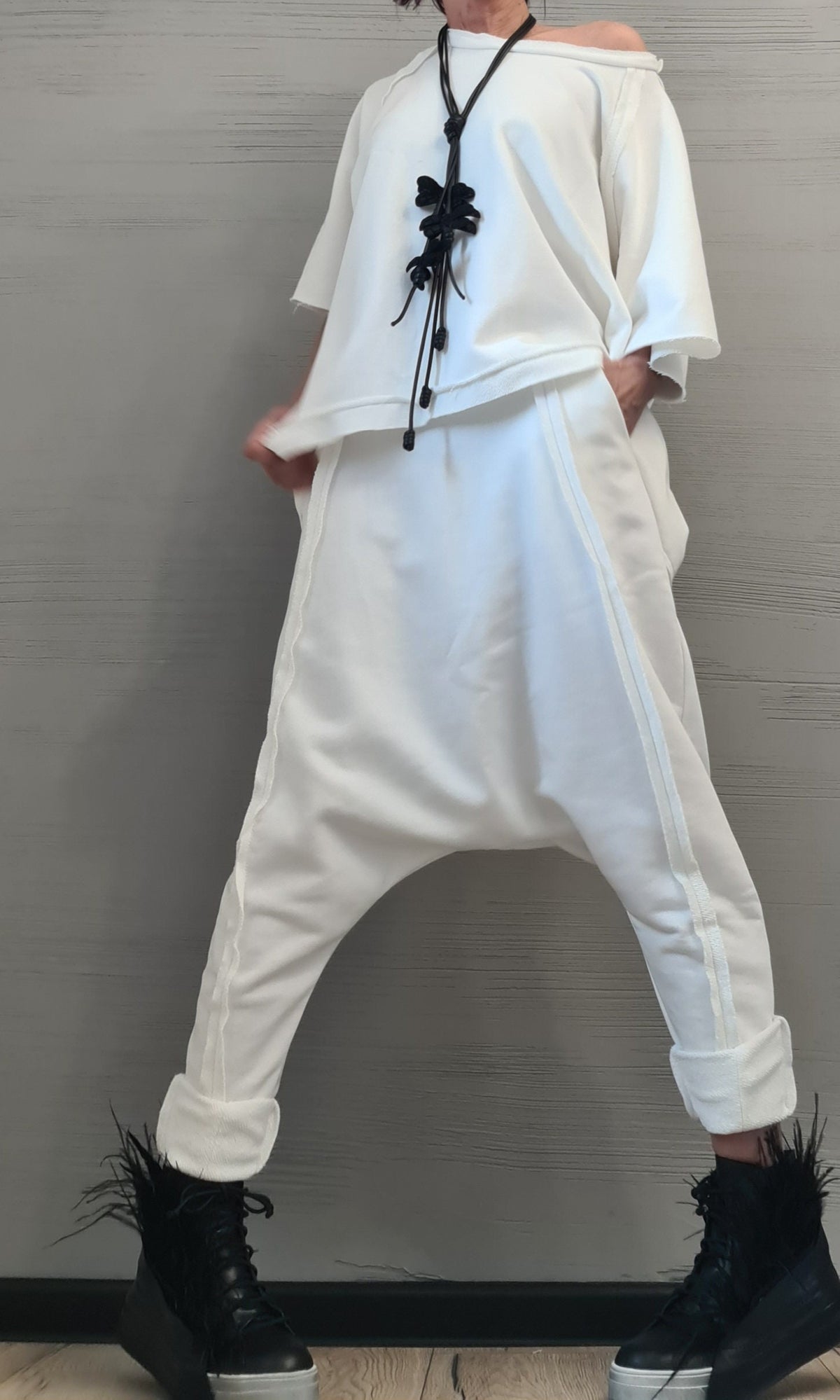 White Cotton Drop Crotch Harem Pants, Asymmetrical Open Back Blouse, Two Piece Co-Ord Set