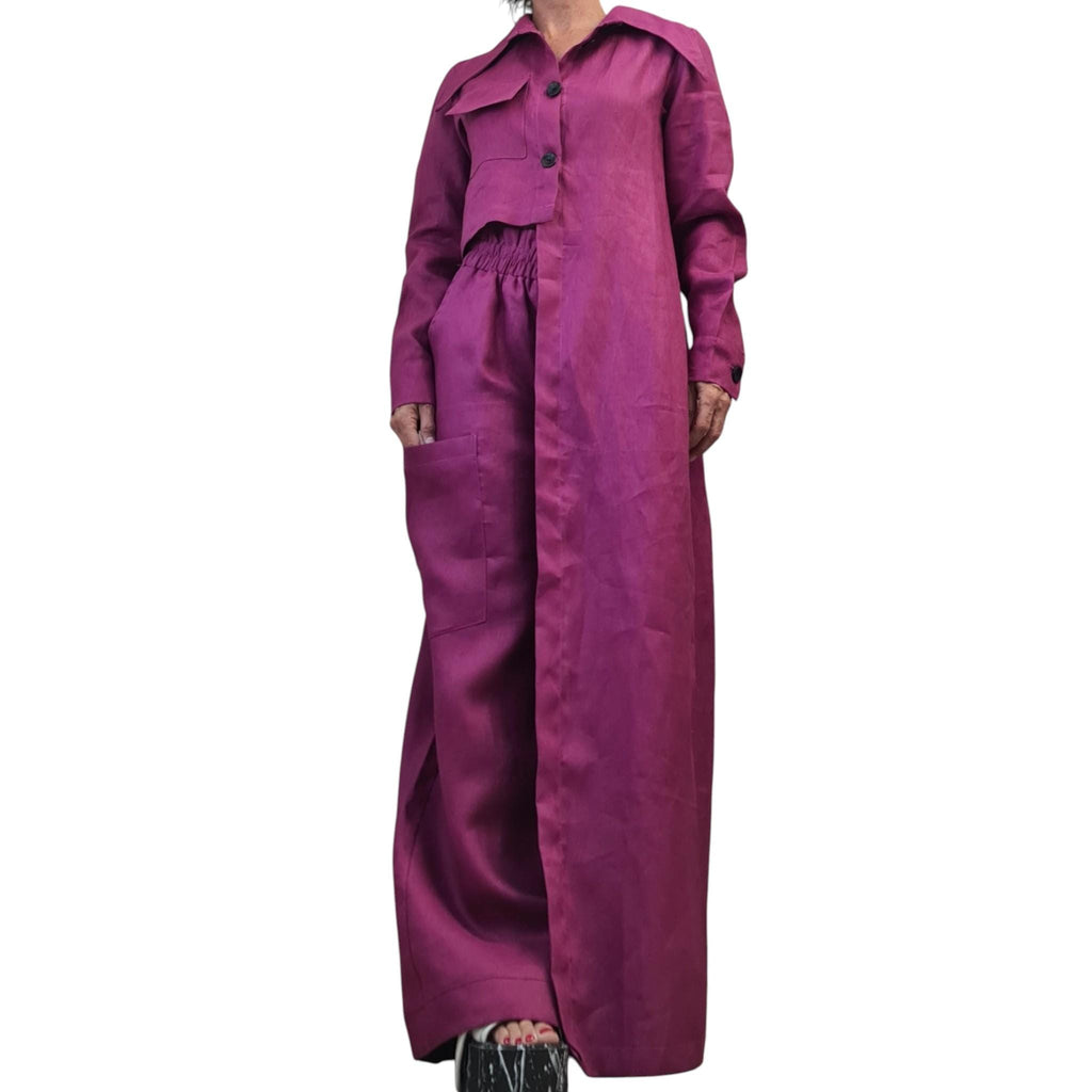Magenta Linen Set, Asymmetrical Shirt, Trousers Wide Legs, Two Piece Boho Summer Clothing