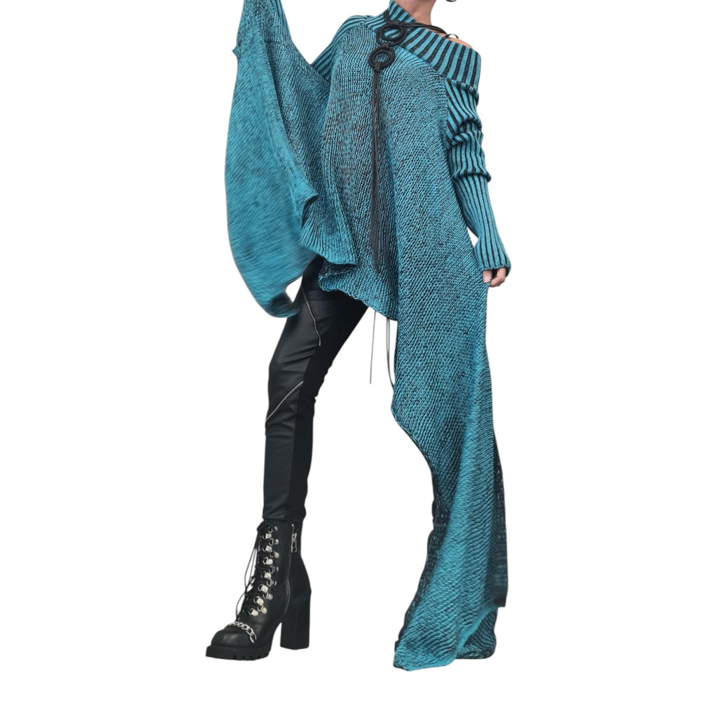 Turquoise Asymmetrical Knit Blouse, Oversized Open Shoulder Sweater, Plus Size Top
