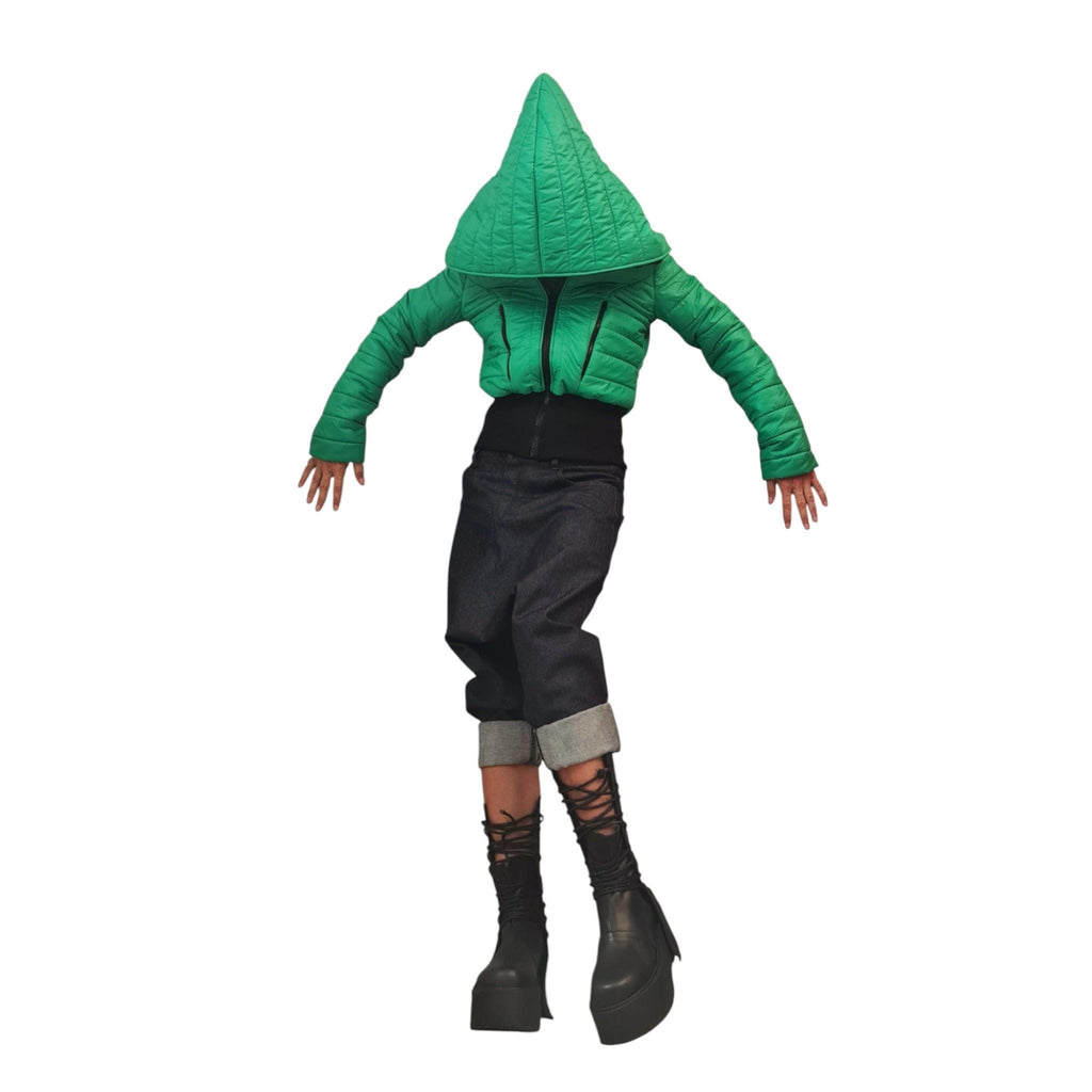 Green Cropped Puffer Jacket, Oversized Big Hood Bomber, Quilted Short Winter Coat