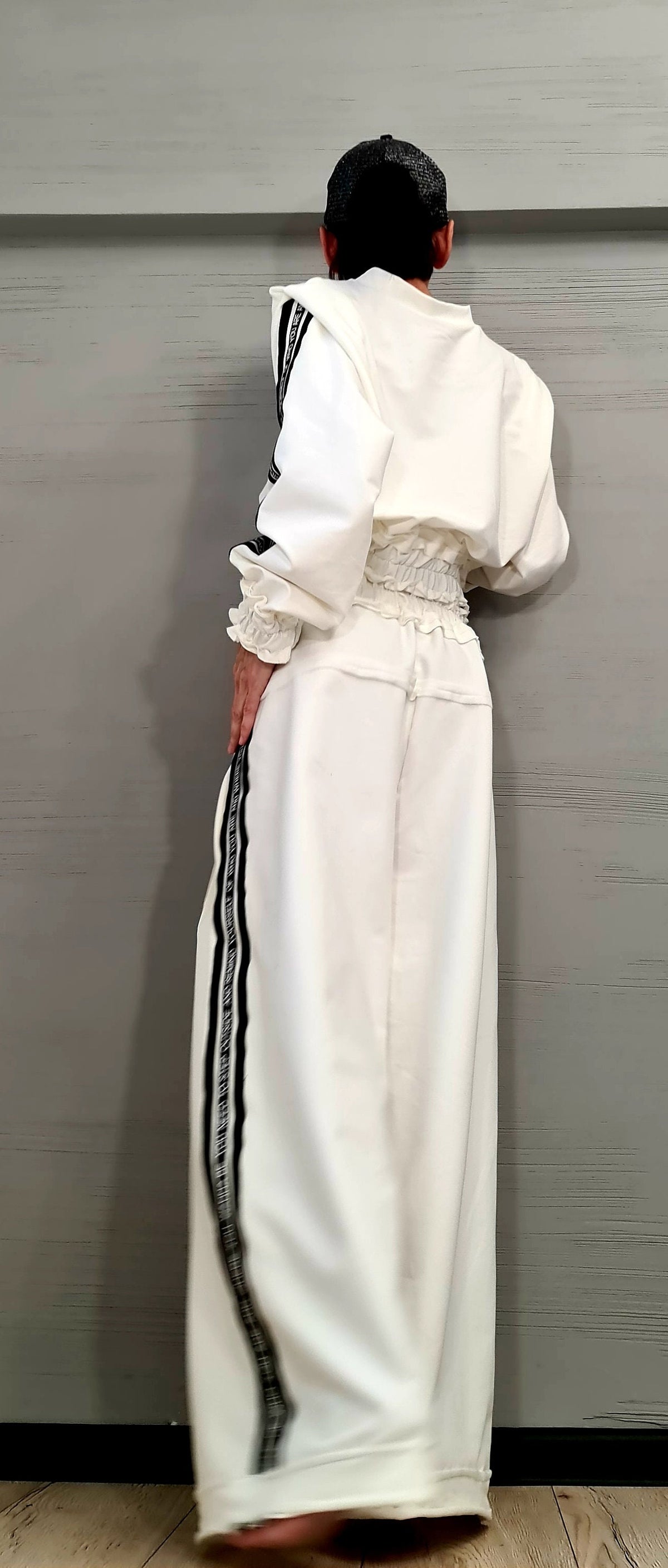 Black Cotton Wide Leg Trousers, French Terry Blouse, Two Piece Set