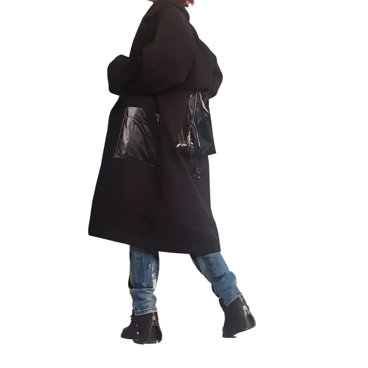 Black Oversized Wool Blend Robe Coat, Long Jacket, Patent Leather Back Cargo Pockets