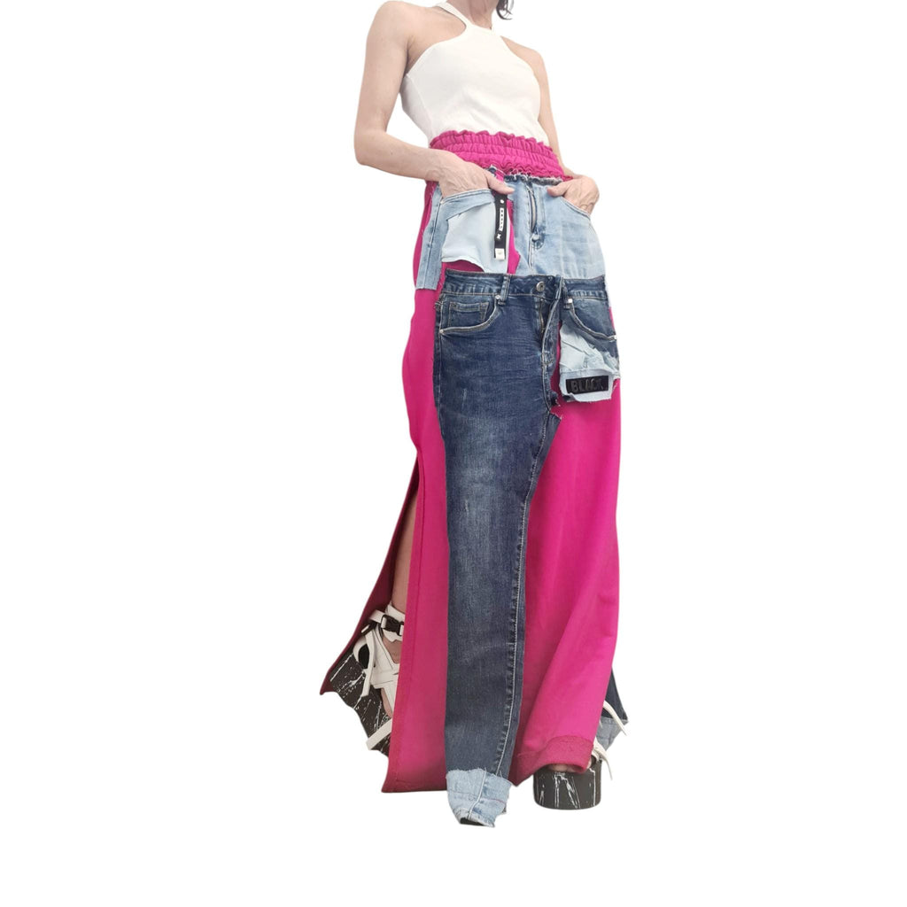 Fuchsia Maxi Skirt Cotton with Denim Details, Hot Pink Long Avant Garde Skirt