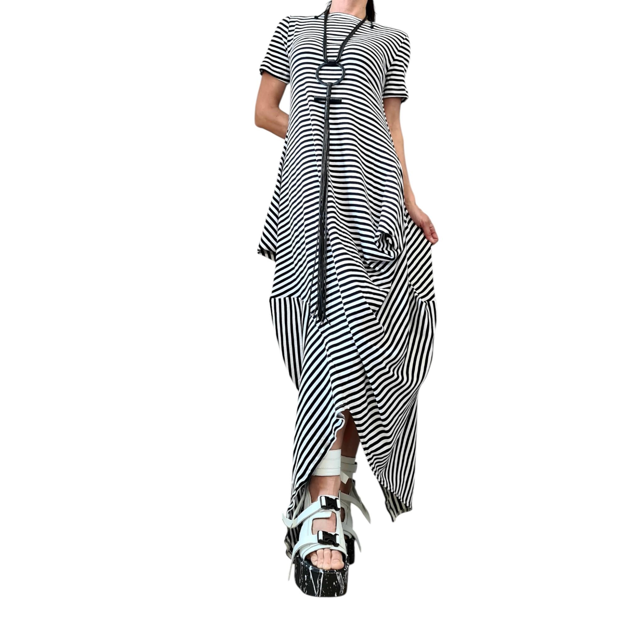 Striped Cotton Dress, French Terry Asymmetric Dress High Low Hem, Oversized Avant Garde Fashion