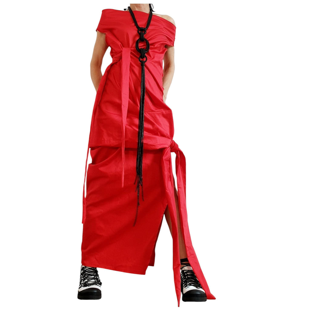 Red Asymmetric Long Dress, Plus Size Clothing, Sleeveless One Shoulder Cocktail Dress