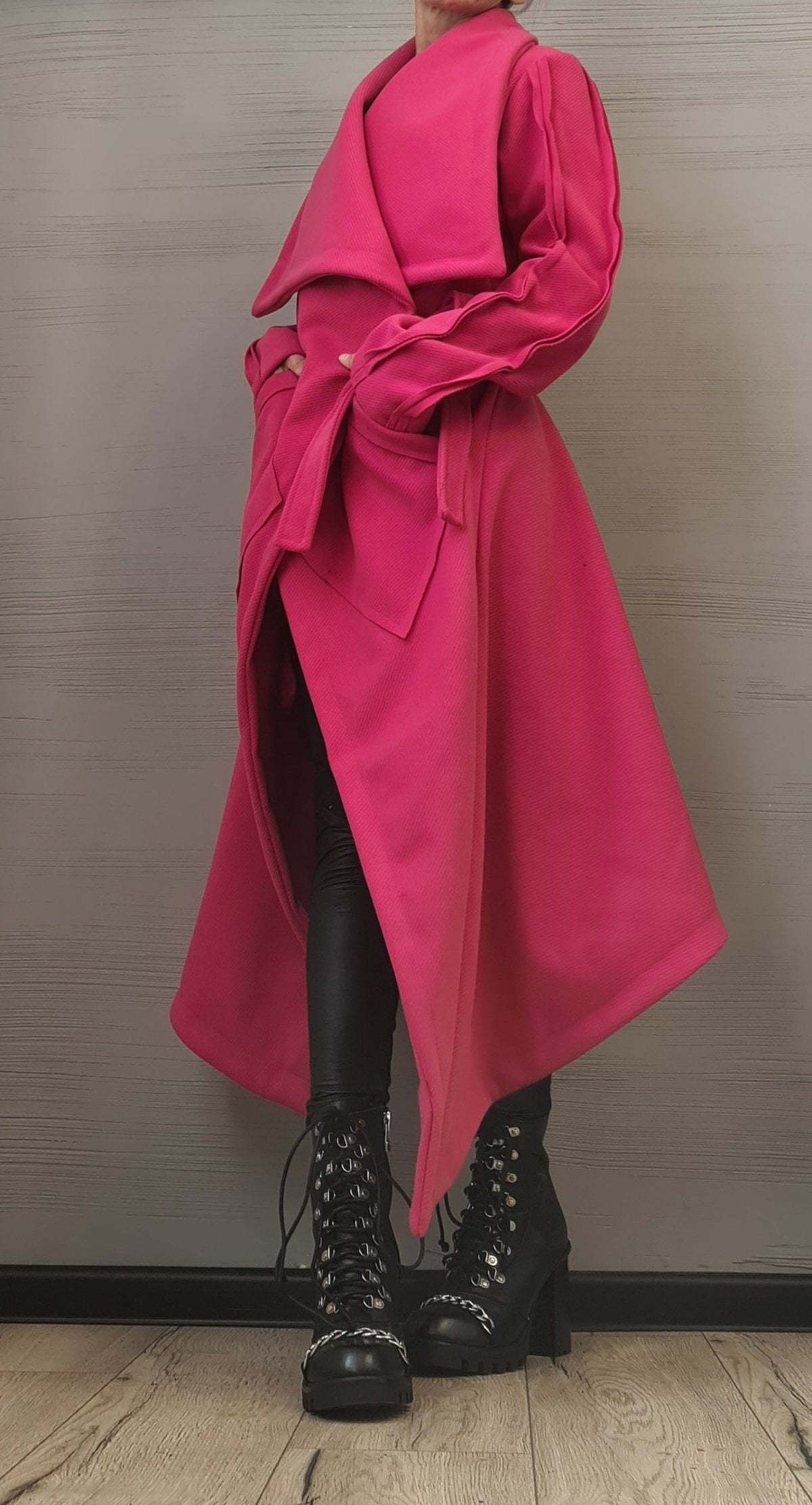Hot Pink Asymmetric Wrap Coat, Plus Size Long Jacket, Short Back and Tie Belts