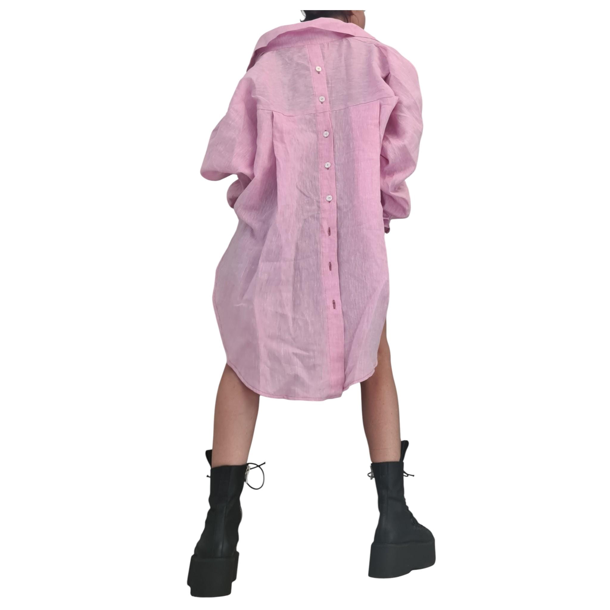 Baby Pink Linen Shirt, Asymmetric Open Back Top, Oversized Tunic, Loose Summer Shirt Women