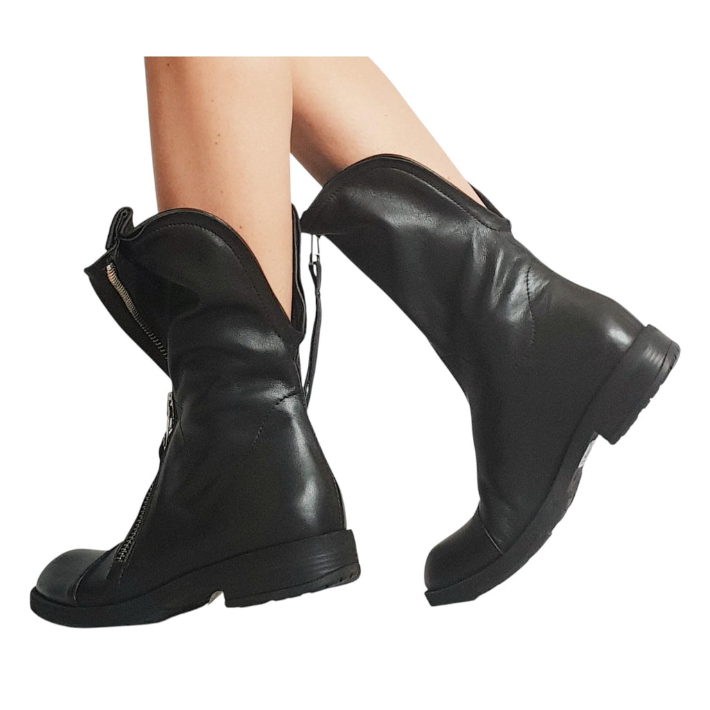 Black Gothic Genuine leather Ankle Boots, Handmade Closed Toe Low Platform Shoes