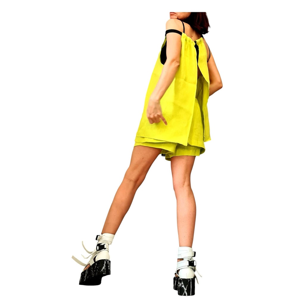 Yellow Linen Two Piece Set, Open Back Top, Layered Shorts, Summer Outfit for Women