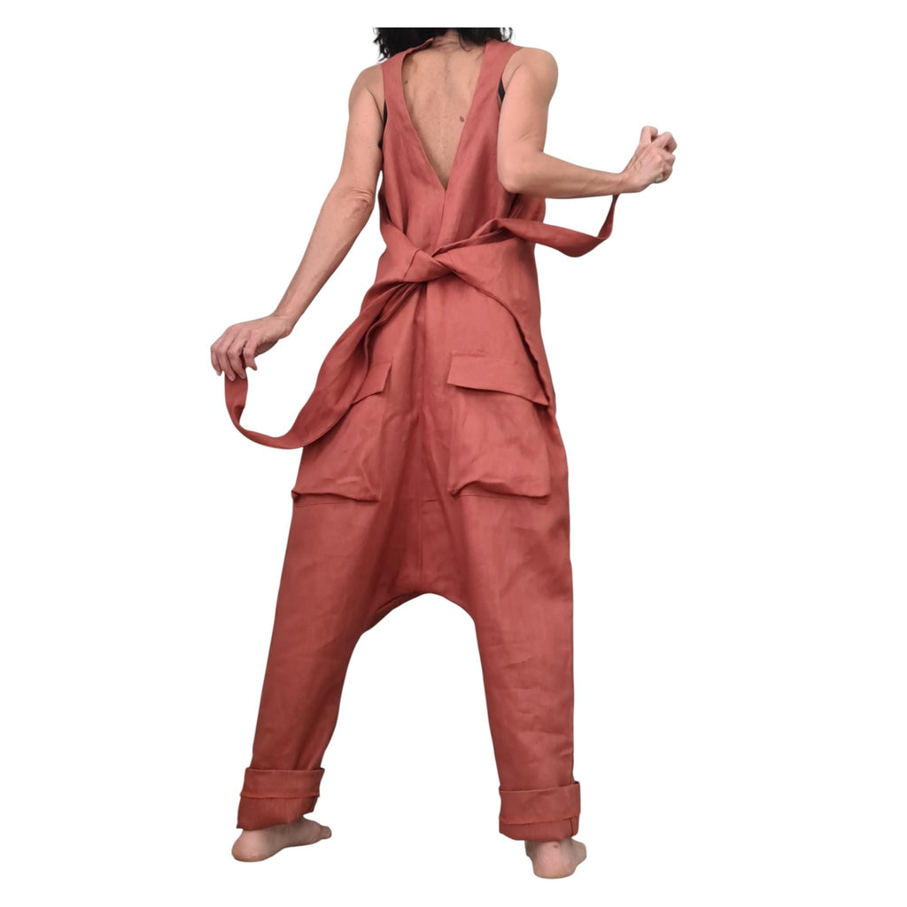 Terracotta Linen Jumpsuit, Asymmetric Harem Overall, Wide Leg Sleeveless Jumpsuit, Oversized Clothing for Women