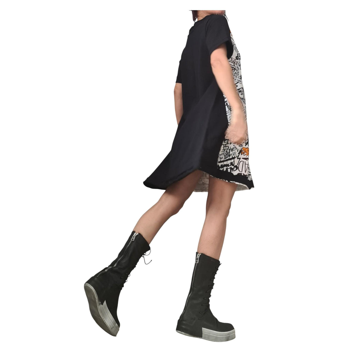 Black Gothic Boots, Grunge Leather Sneakers, Rave Zipper Women Booties