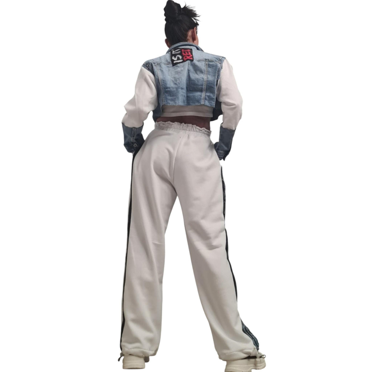 White French Terry Jogger Pants, Denim Side Detail, Color Block