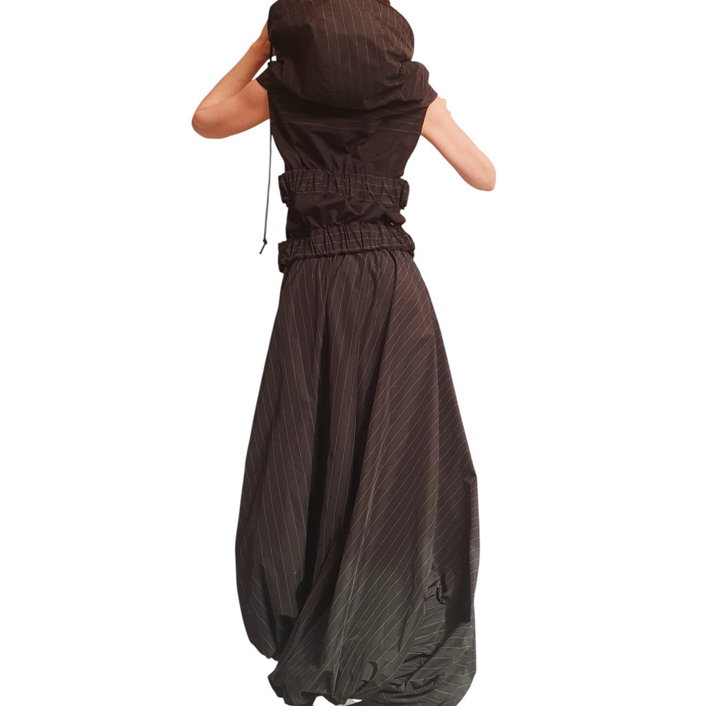 Black Pinstripe Cotton Sateen Co-Ord Set, Asymmetrical Hooded Vest, Maxi Skirt
