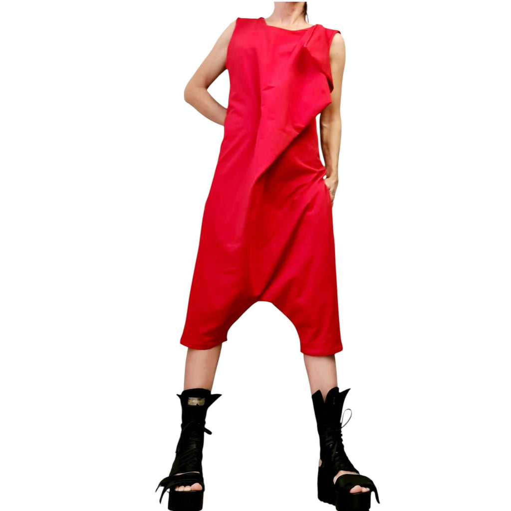 Asymmetric Cotton Jumpsuit, Harem Overall, Open Back Design, Loose Fit Clothing