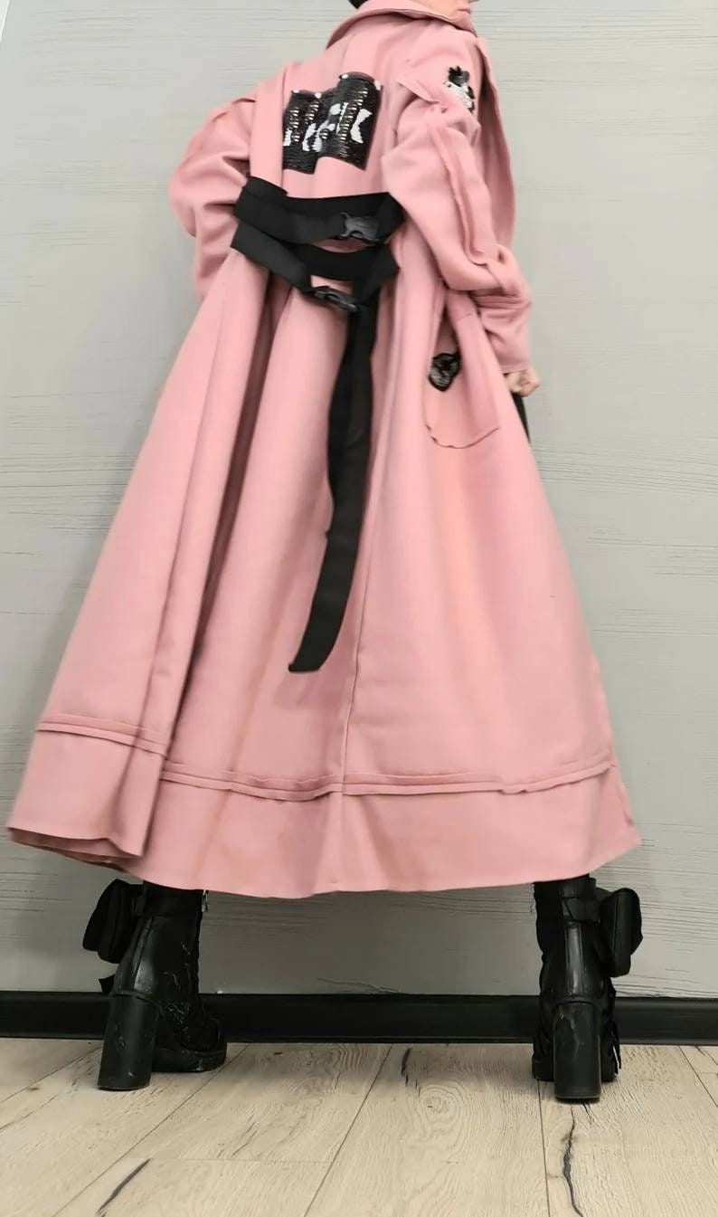 Dusty Rose Wrap Coat, Asymmetric Long Robe Jacket, Plus Size Double Belt Outerwear