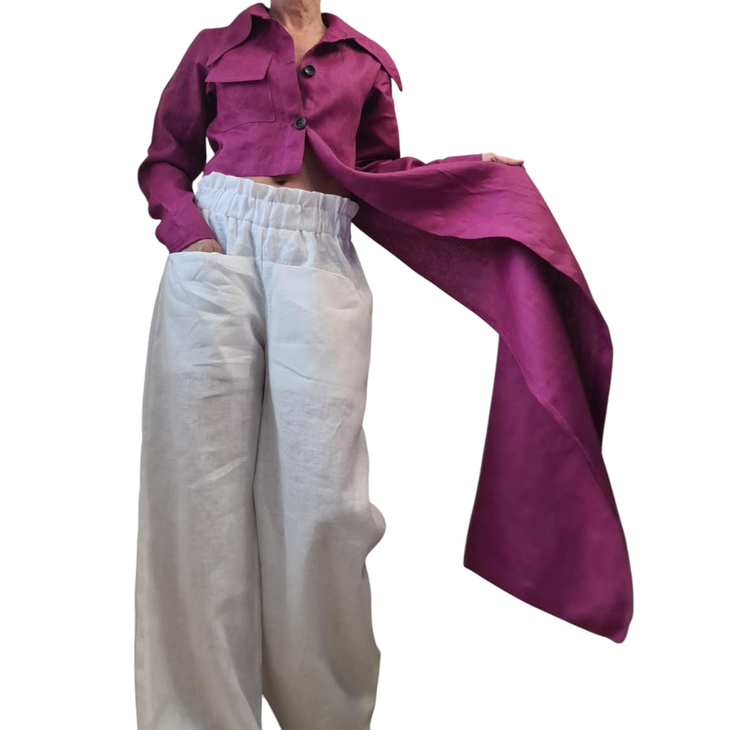 White Linen Wide Leg Pants, High Waist Linen Trousers with Large Pockets