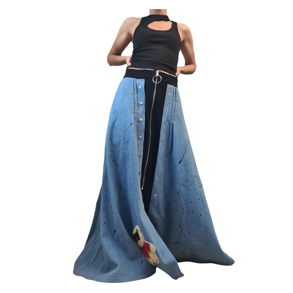 New collection Extravagant Long Skirt, Cotton Denim Skirt, Deconstructed Avant Garde Skirt