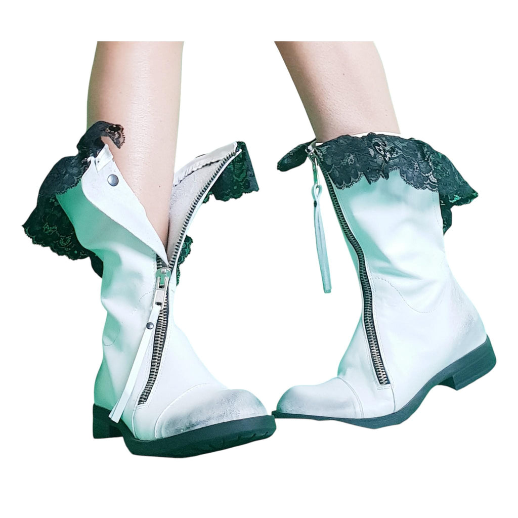 White Leather Closed Toe Ankle, Handmade Lace Wedding Shoes, Winter Boots for Women