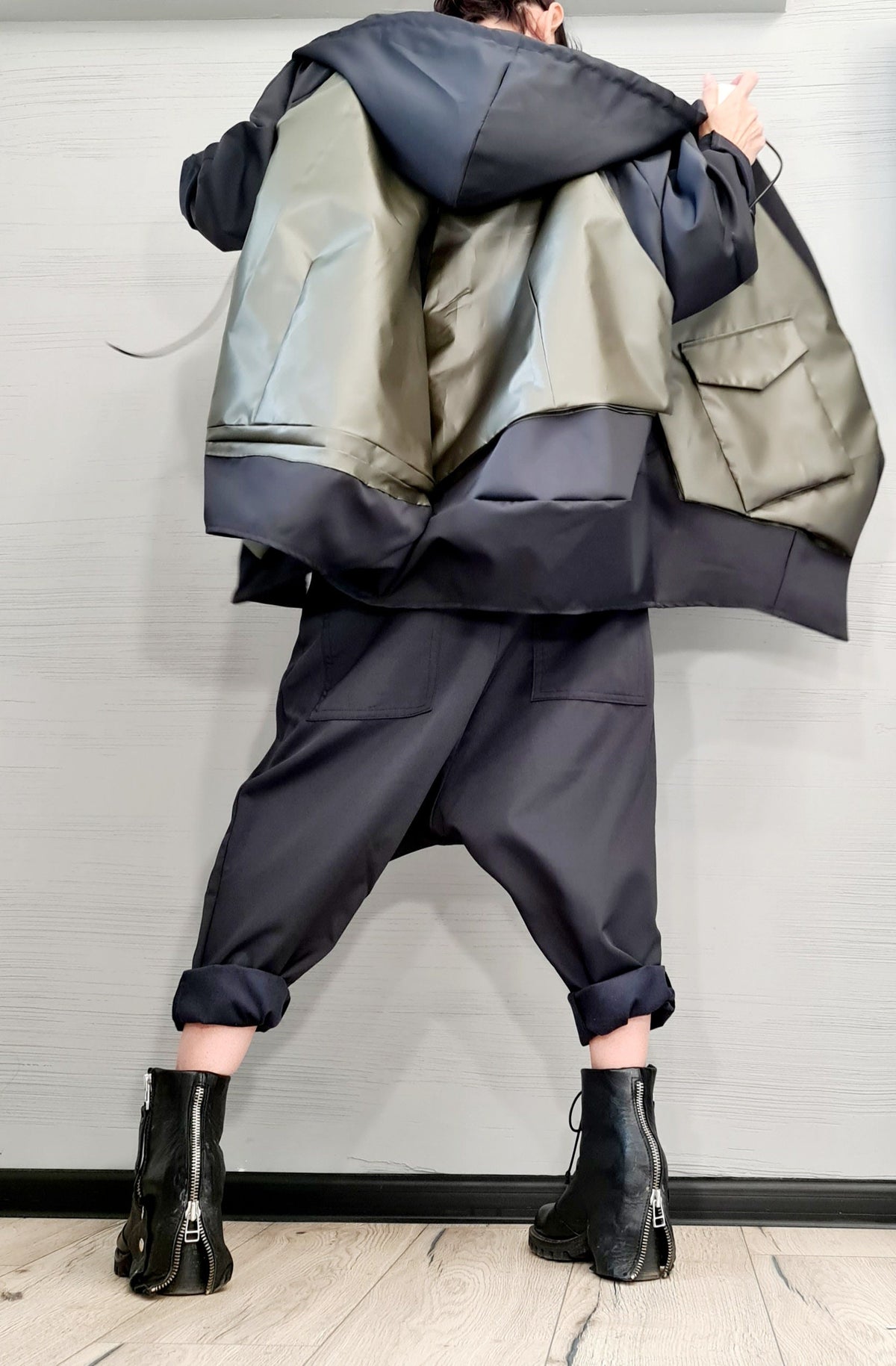 Oversized Asymmetrical Hooded Jacket, Colour Block Design, Large Patch Pockets