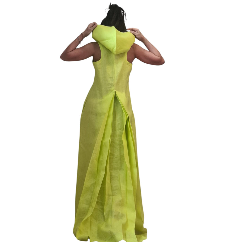 Lime Linen Hooded Maxi Dress with Pockets: Relaxed Summer Maxi, Boho Style