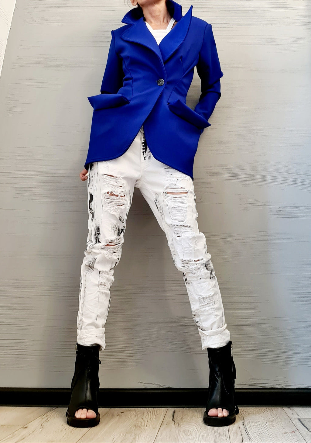 Blue Neoprene Blazer, Asymmetric Fitted Jacket with Oversized Pockets, Plus Size Coat