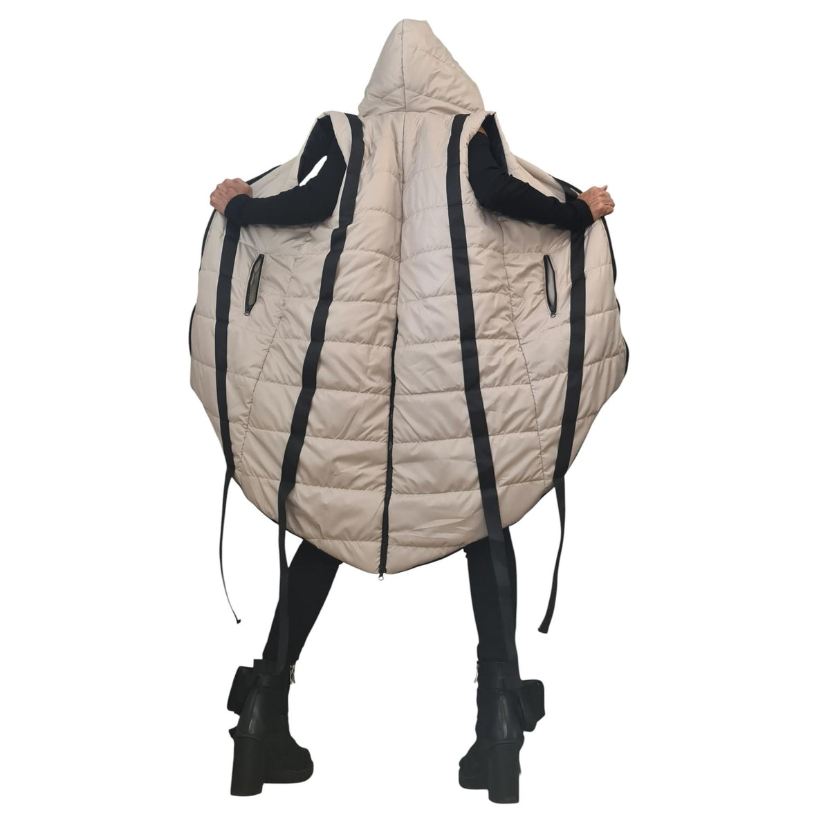 Beige Oversized Hooded Puffer Vest, Asymmetrical Quilted Sleeveless Winter Coat, Black Trim