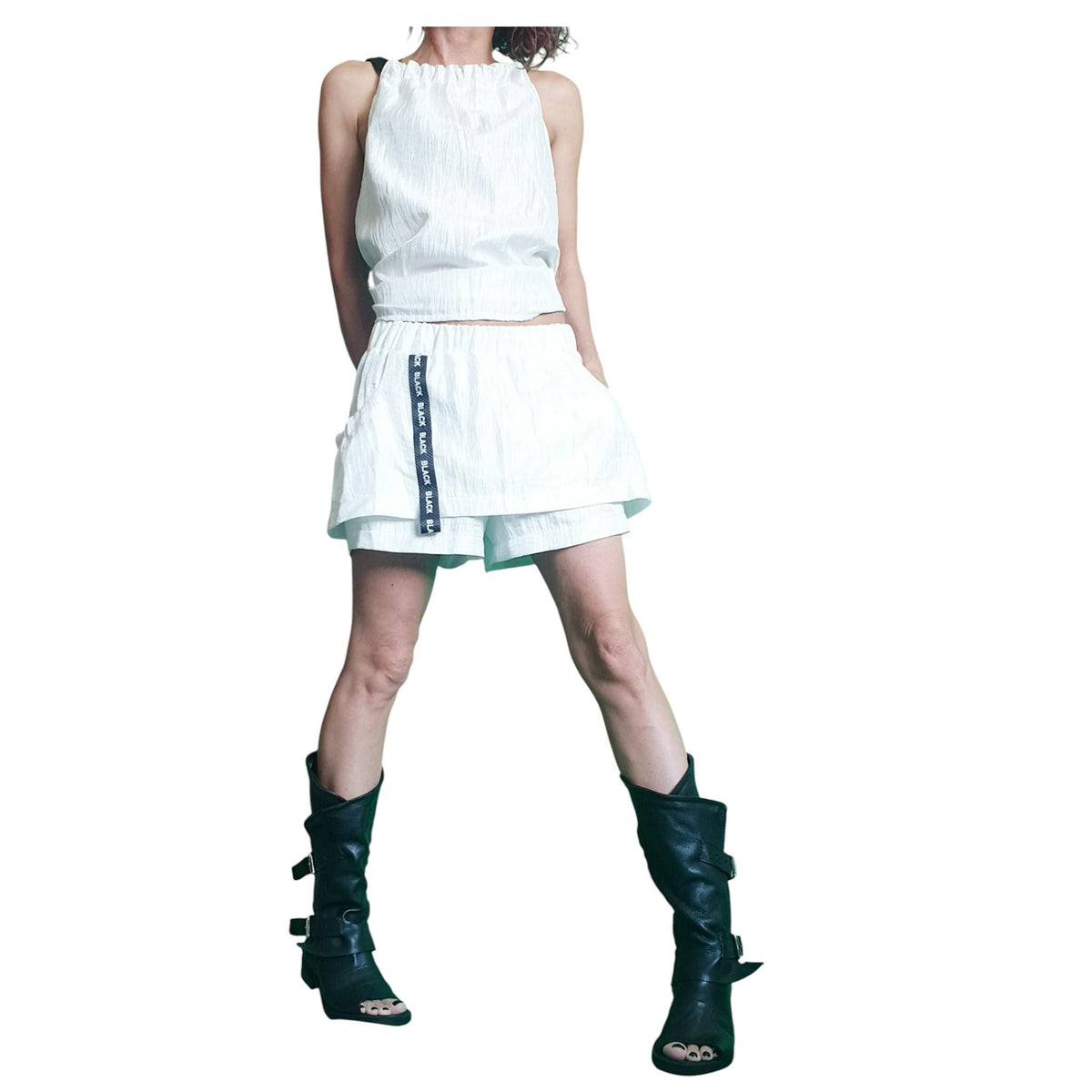 Black Linen Two Piece Set, Shorts Skirt and Open Back Top, Handmade Outfit
