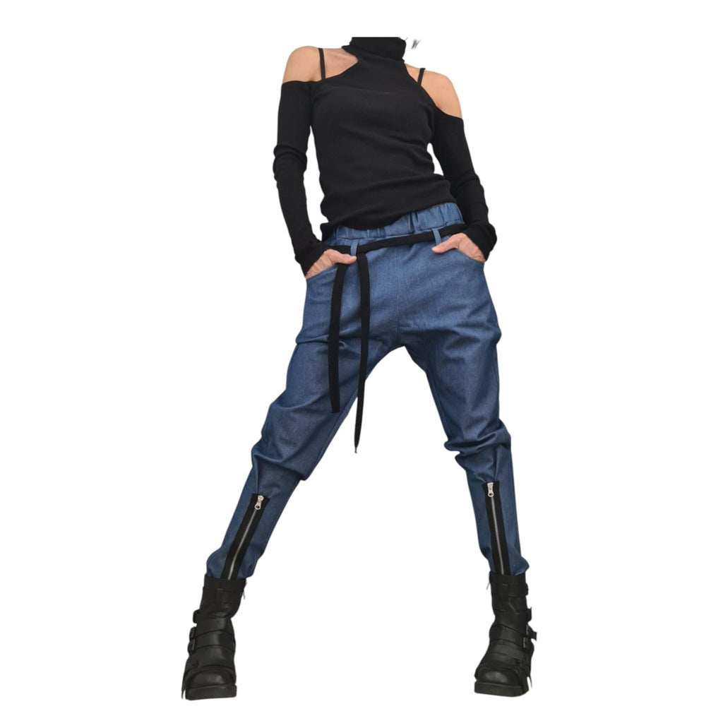 Denim Harem Pants, Loose and Fit Trousers whit Zipper Detail, Plus Size Bottom